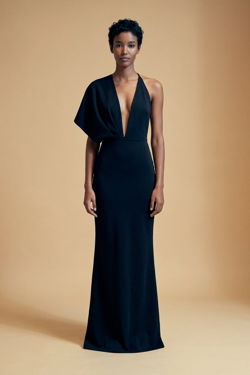 Black one-shoulder wide-sleeve minimalist jumpsuit.